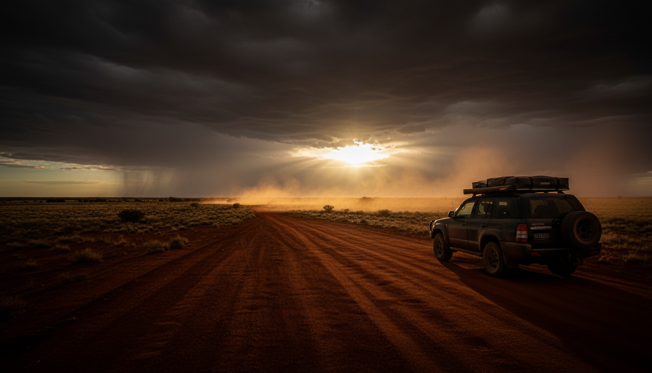 Four-wheel drive vehicle in the Australian outback at golden hour
